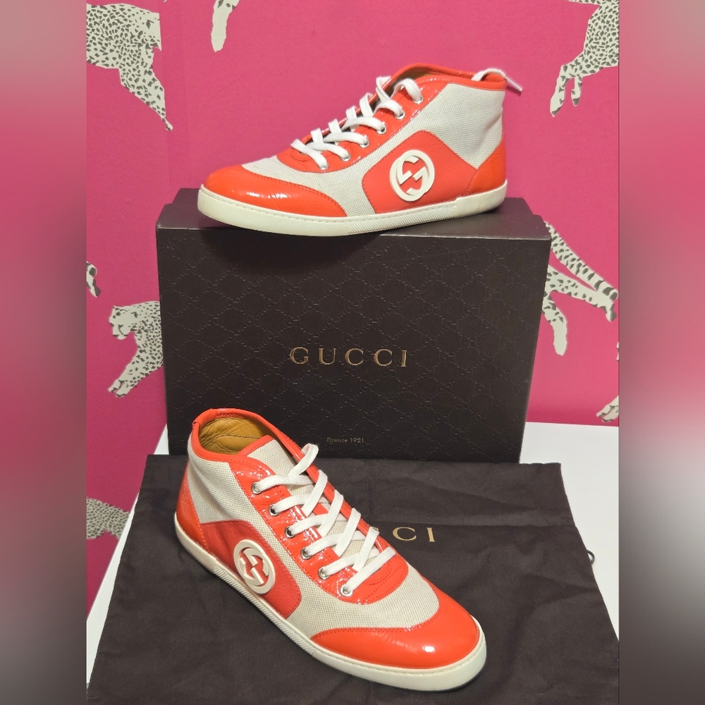 EUC Gucci Sylvie Web Accent Patent Leather High Top Sneakers IT 38.5 US 8.5 - Picture 12 of 14